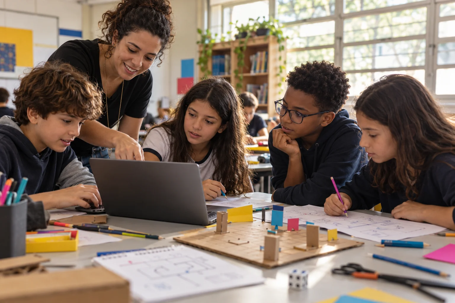 Professora acompanha estudantes criando um jogo e explorando ideias em uma atividade de Educação Digital